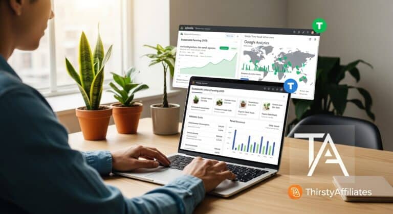 Affiliate marketing dashboard: Man using ThirstyAffiliates for sustainable farming data and Google Analytics reports.
